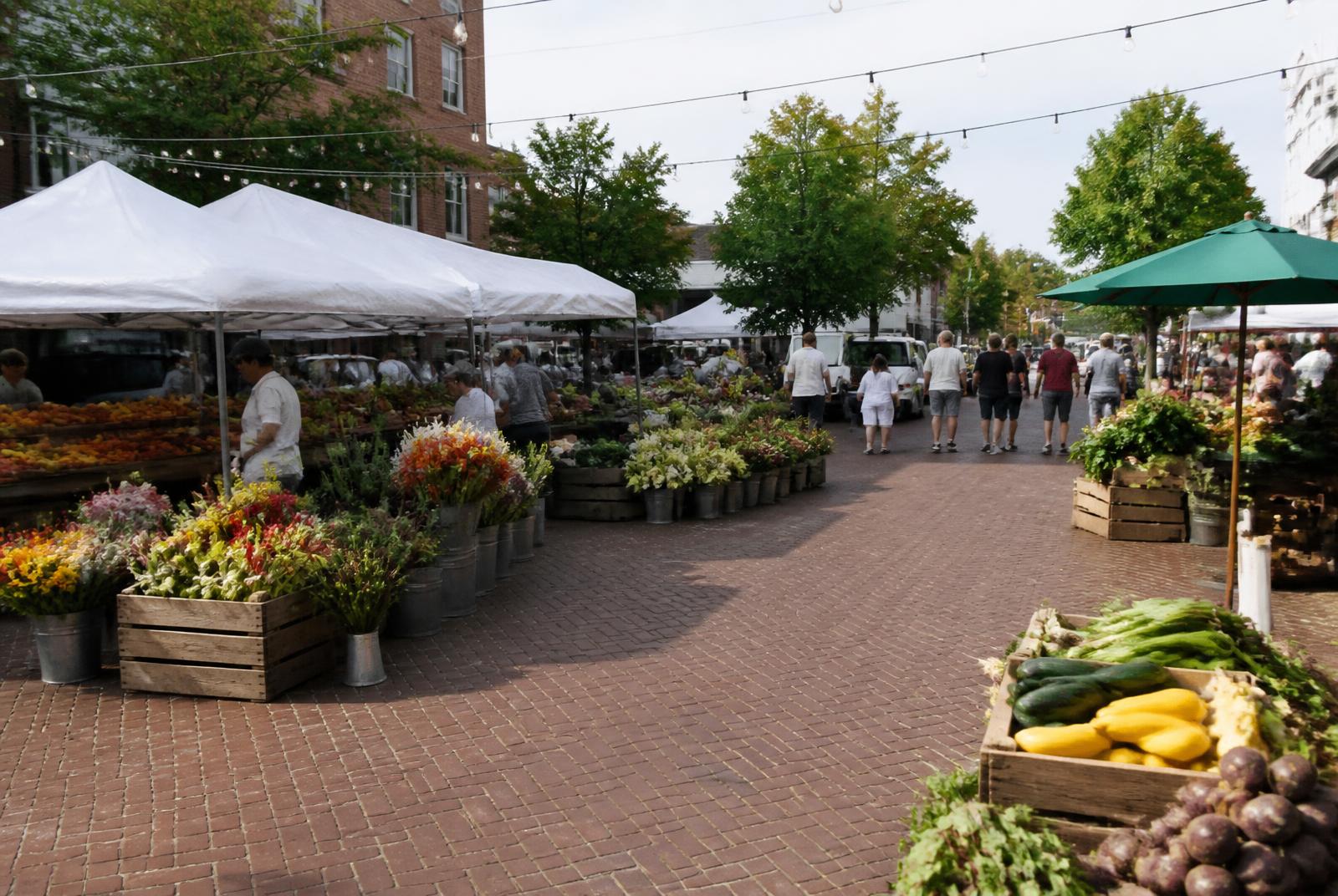 Outdoor farmers market on a brick plaza near Waxhaw, North Carolina — canopy tents, cut flowers, and crates of local produce