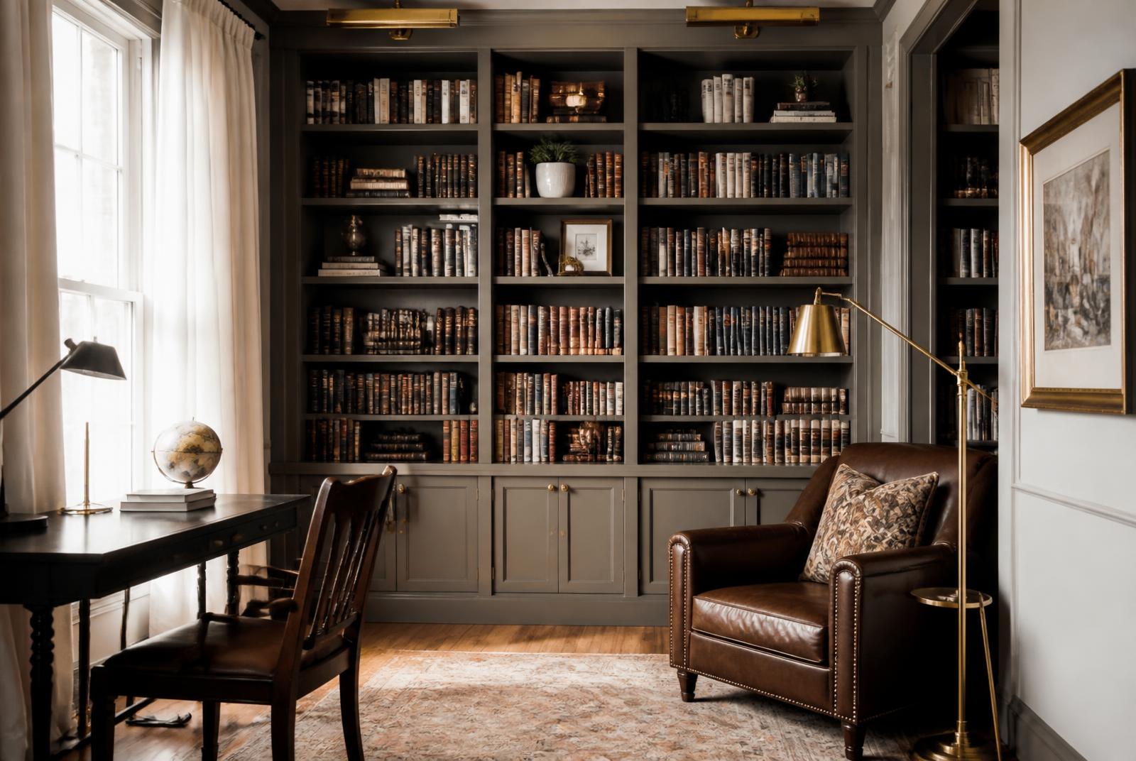 Home library study with floor-to-ceiling built-in bookshelves, leather club chair, and brass reading lamp in a Waxhaw, NC estate home