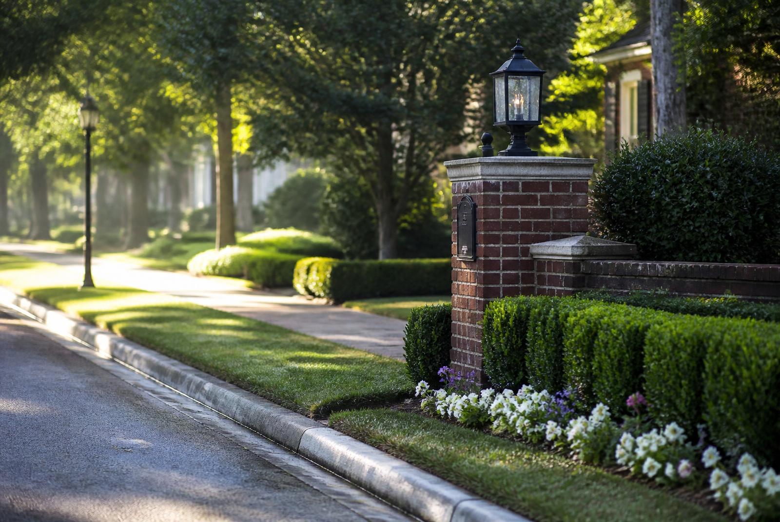 Brick mailbox column with a gas-style lantern, clipped boxwood hedge, and manicured streetscape in a Waxhaw, NC estate neighborhood