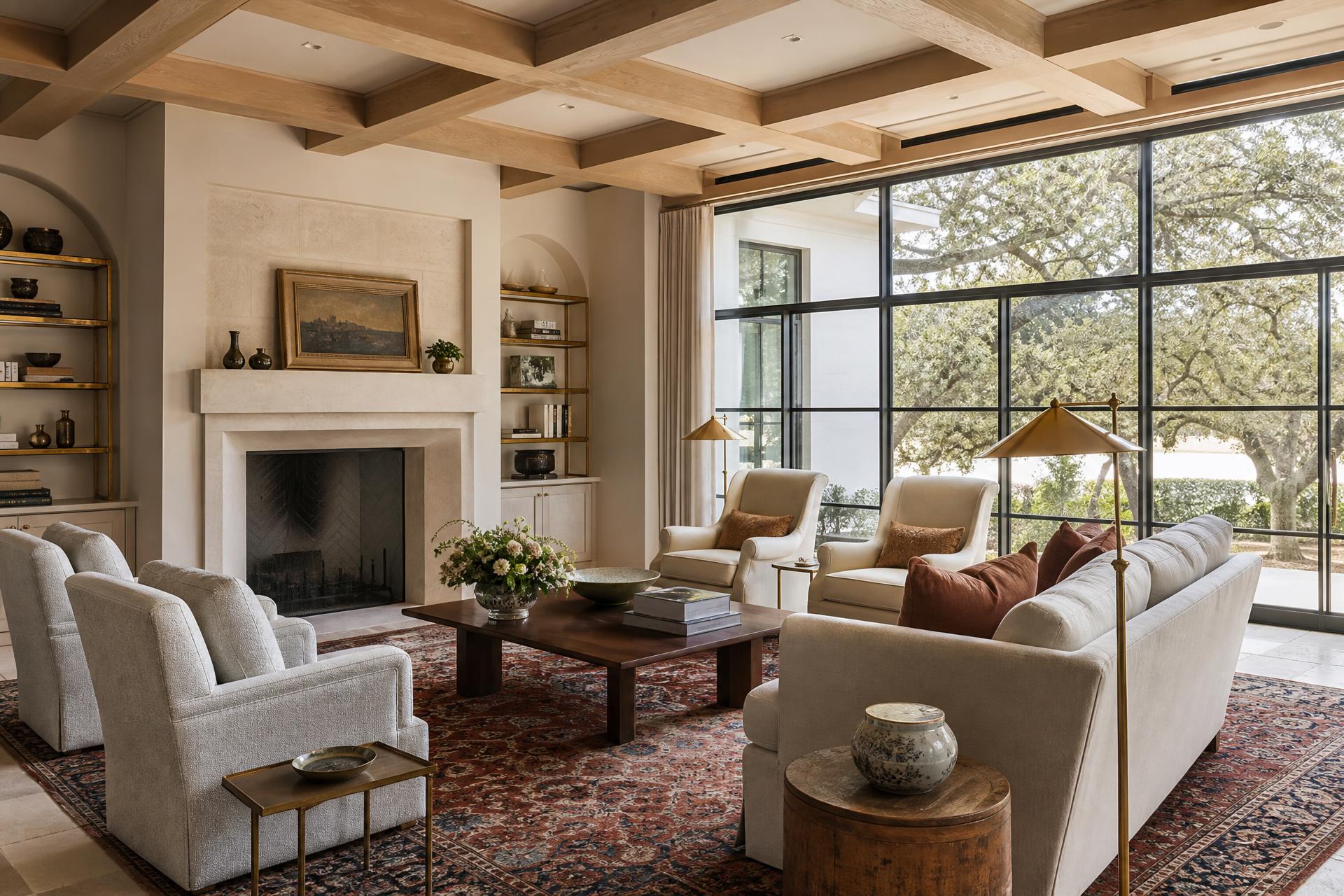 Refined estate living room with European oak floors and limestone fireplace