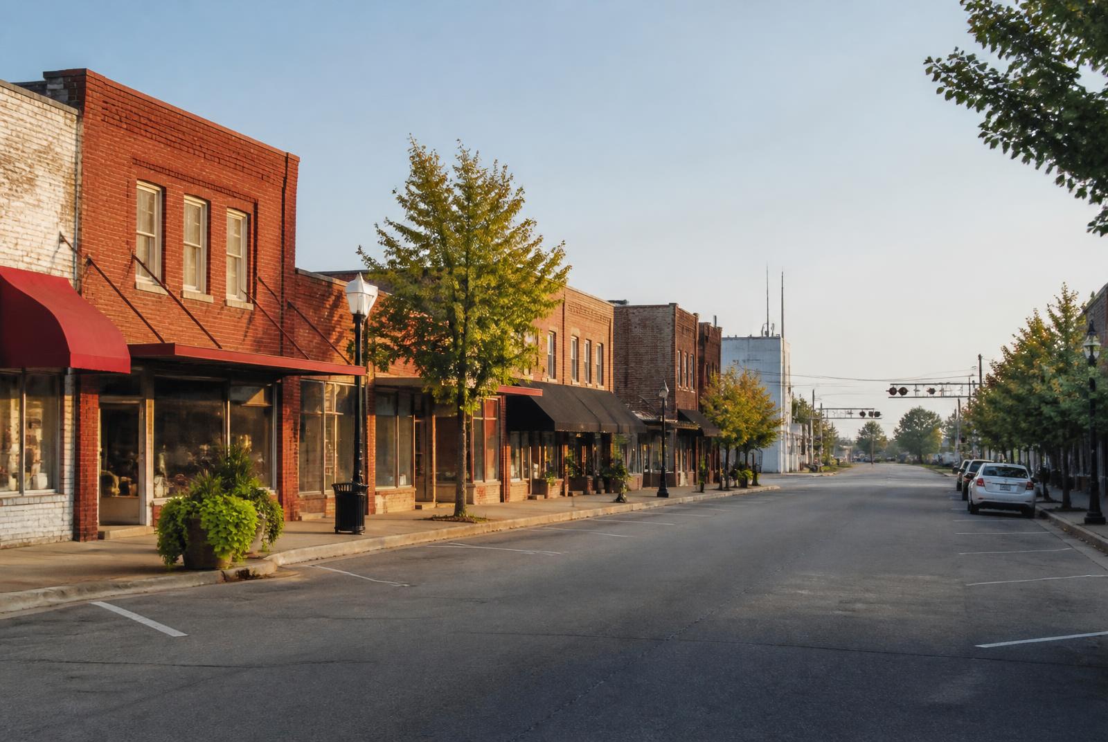 Historic downtown Waxhaw, North Carolina — brick storefronts, awnings, and angled parking along the main street at morning light